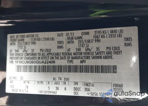 2016 Ford Escape Se z USA, uszkodzony, nr VIN 1FMCU9G93GUA22406